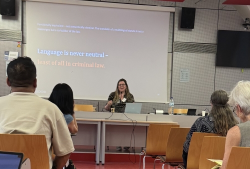 Josanne van Westrienen presenting her research on consent language in Swiss criminal law at the IAFLL conference in Montpellier.