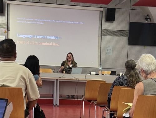 Josanne van Westrienen presenting her research on consent language in Swiss criminal law at the IAFLL conference in Montpellier.