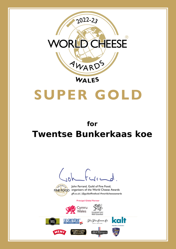 Certificaat Super Gold World Cheese Awards De Kaasbunker