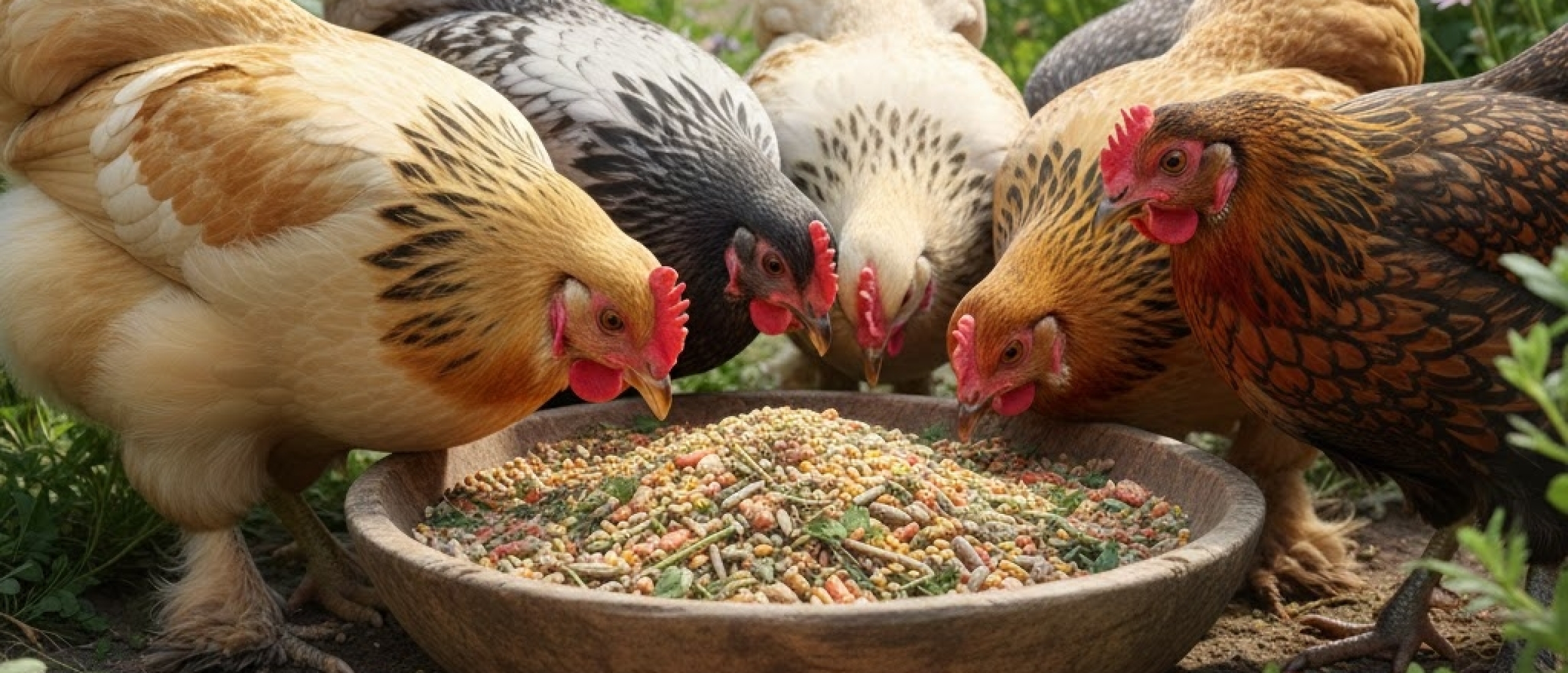 Diverse kippen eten compleet premium kippenvoer uit een lage voederschaal in een zonnige tuinomgeving.