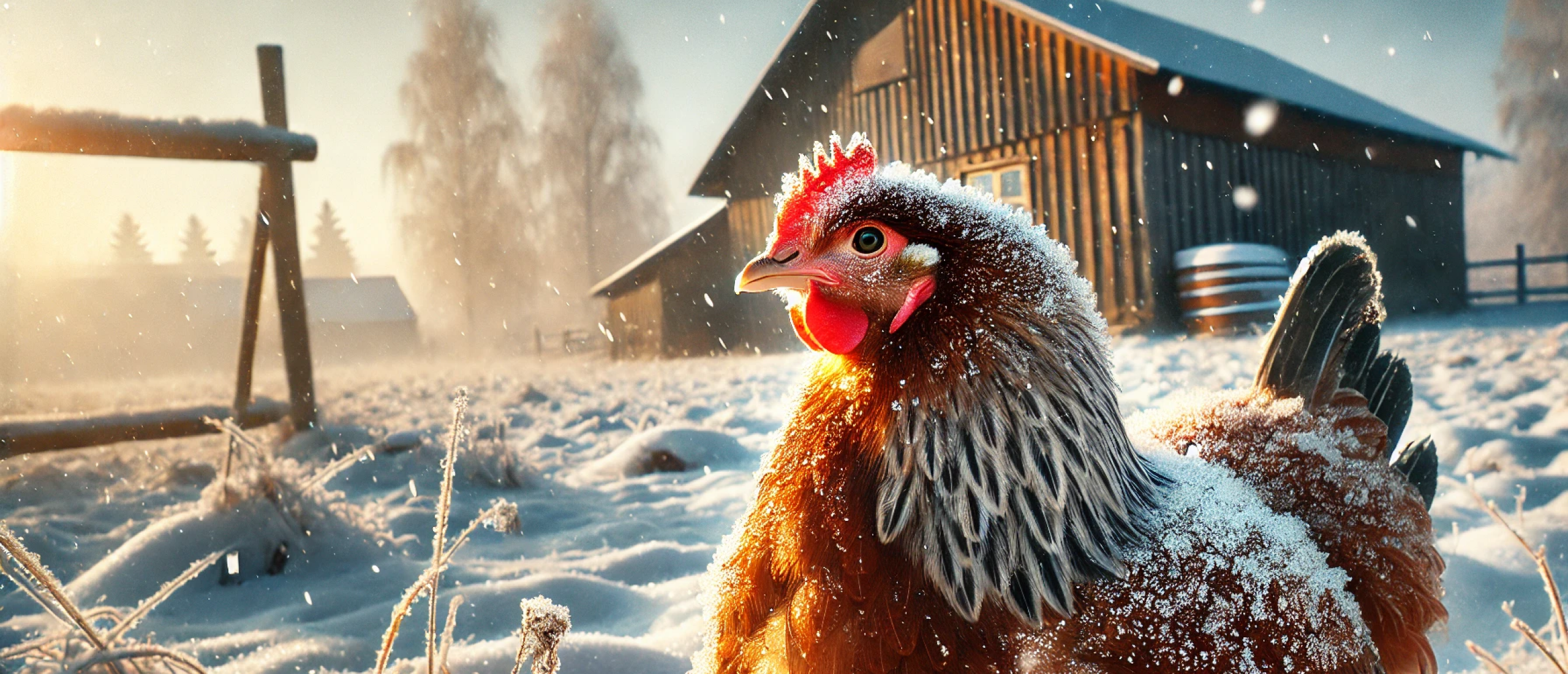 kip-in-de-sneeuw-op-de-achtergrond-een-schuur