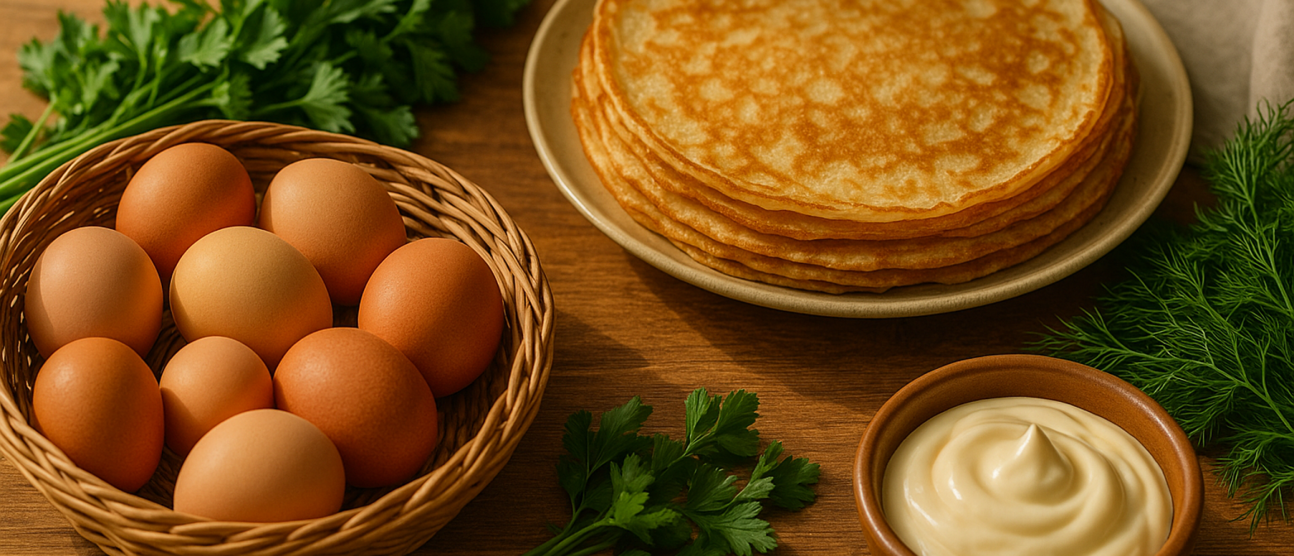 Verse eieren van hobbykippen op houten tafel naast gerechten als pannenkoeken en omelet.