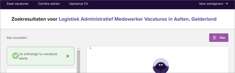 Fig. 13 Combinatiepagina Monsterboard, detail. Bevestiging dat vacature-alerts gaan worden ontvangen