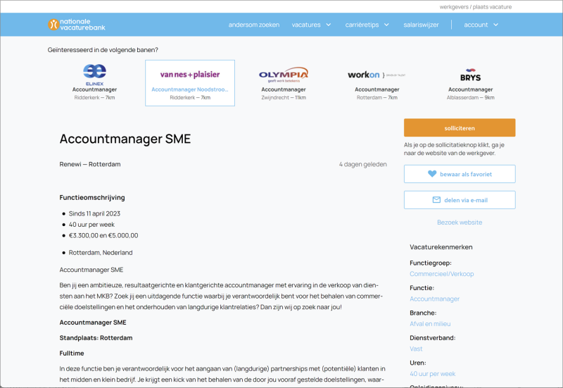 Fig. 22 Vacaturedetail pagina NVB met vacature aangeroepen vanuit vacature-alert e-mail