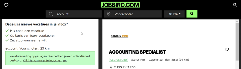 Fig. 26 Combinatiepagina Jobbird, detail, na klikken op knop Job alert instellen