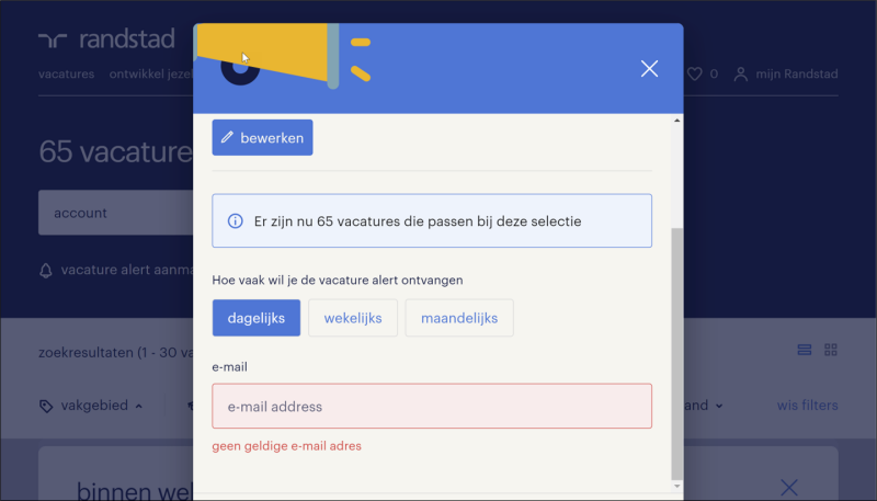 Fig. 35 Vacature zoekresultaat pagina Randstad, vacature-alert pop-up, foutmelding op e-mail adres