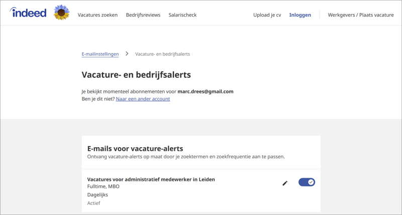 Fig. 4 Beheer pagina Indeed voor vacature-alerts