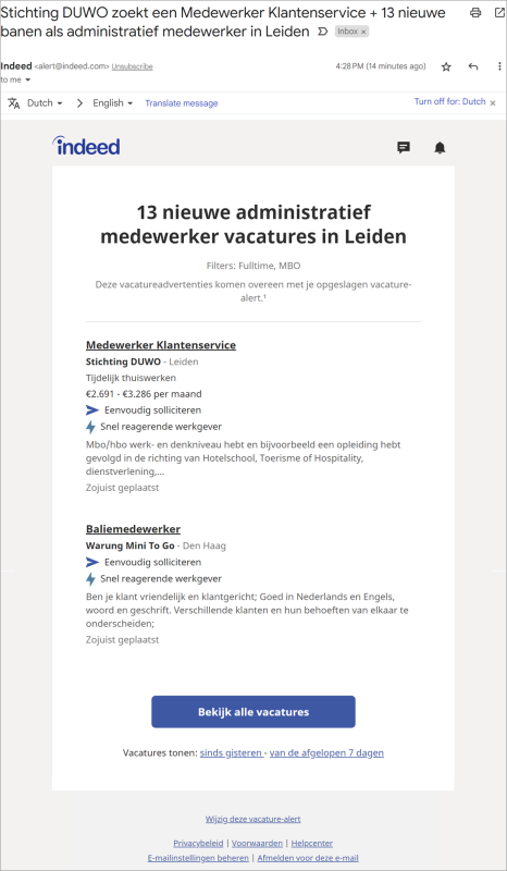 Fig. 5 (Ingekrompen (de meeste vacatures en footerinformatie verwijderd)) vacature-alert e-mail van Indeed