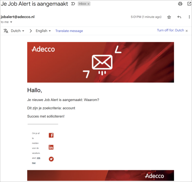 Fig. 55 e-mail bevestiging dat de vacature-alert van Adecco is aangemaakt