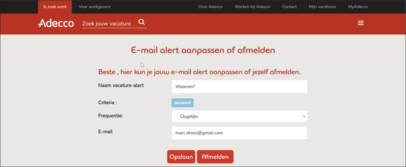 Fig. 57 Beheer vacature-alert e-mail Adecco