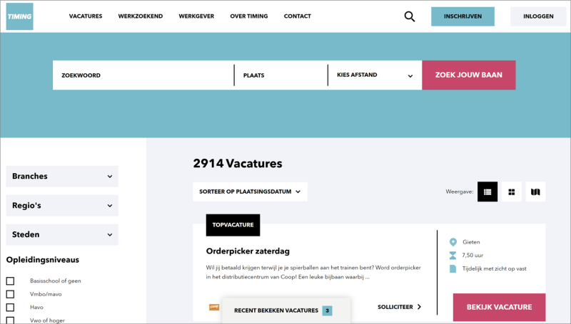 Fig. 64 Vacature zoekresultaat pagina Timing