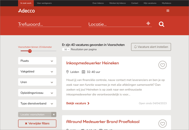 Fig.9  Vacature zoekresultaat pagina Adecco met het zoekresultaat in de rechterkolom