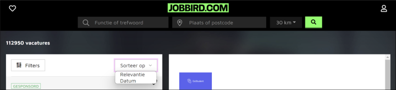 Figuur 18. Combinatiepagina Jobbird met de sorteerfunctie geopend