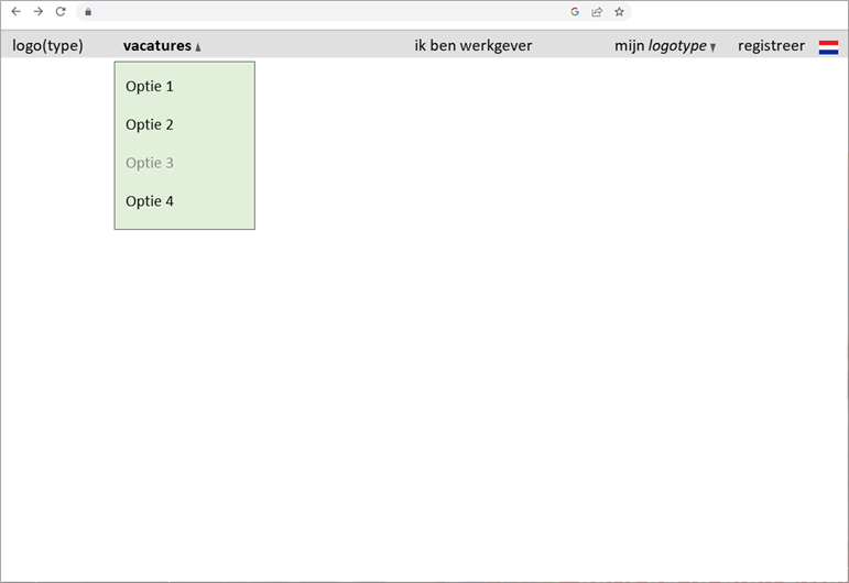 Figuur 2. De positie van de 2nd level navigation (= het groene vlak) op een webpagina, als een drop-down menu
