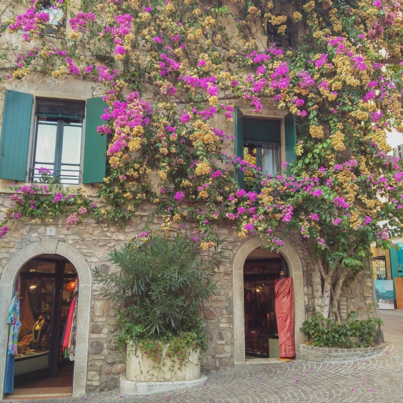 Gevel in Sirmione met bougainvillea, stenen muur en groene luiken