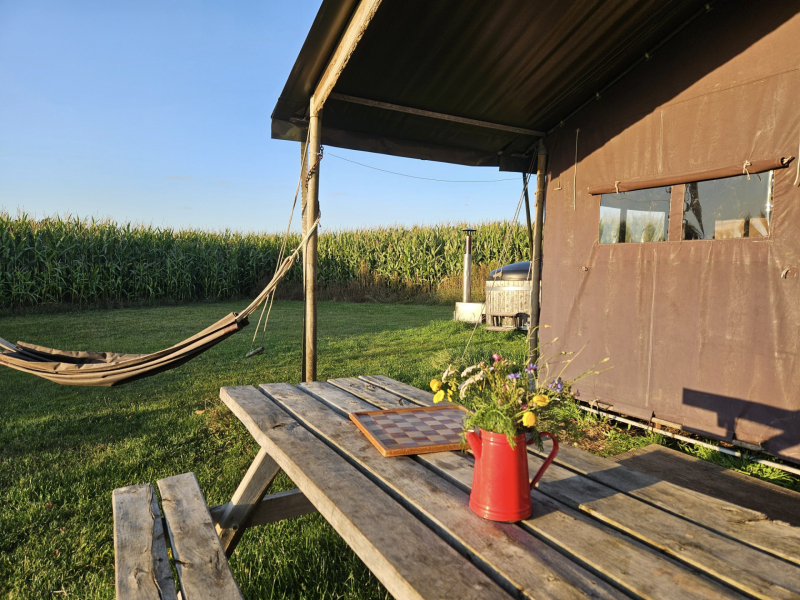 Buitenplek bij een BoerenBed safaritent met picknicktafel en hangmat in het gras