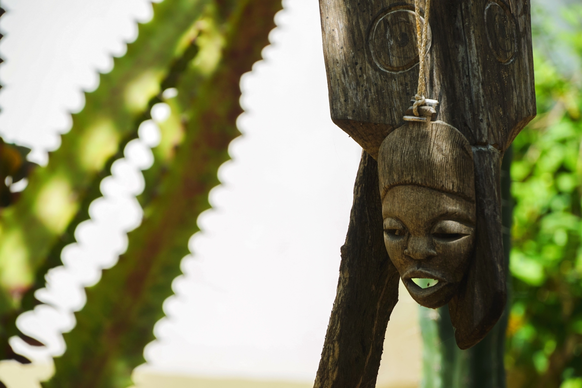 Handgemaakt houten masker hangend aan een boomstam in de tropische tuin van Un Sueño San Agustinillo Mexico
