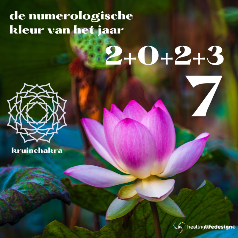 de numerologische kleur van het jaar 2+0+2+3 het getal 7 en het kruinchakra symbool