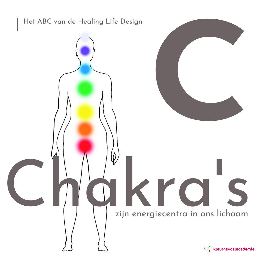 C van Chakra's silhouet met de kleuren van de chakra's op de bijbehorende plek in het lichaam