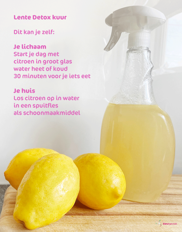 Spuitfles met citroenwater, citroenen en tekst met Lente detox citroen in water voor je lichaam en voor je huis