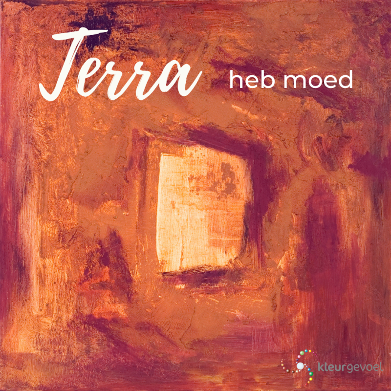 Schilderij van de kleur terra met daarop de woorden: Terra, heb moed