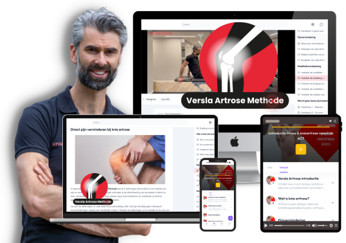 Versla Artrose Methode Online Programma Trainer presenteert het Versla Artrose Methode online programma op desktop, laptop, tablet en smartphone met videolessen, oefeningen en begeleiding voor het verminderen van knieartroseklachten.