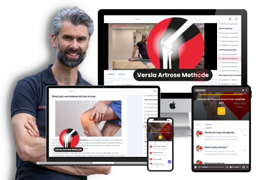 Versla Artrose Methode Online Programma Trainer presenteert het Versla Artrose Methode online programma op desktop, laptop, tablet en smartphone met videolessen, oefeningen en begeleiding voor het verminderen van knieartroseklachten.