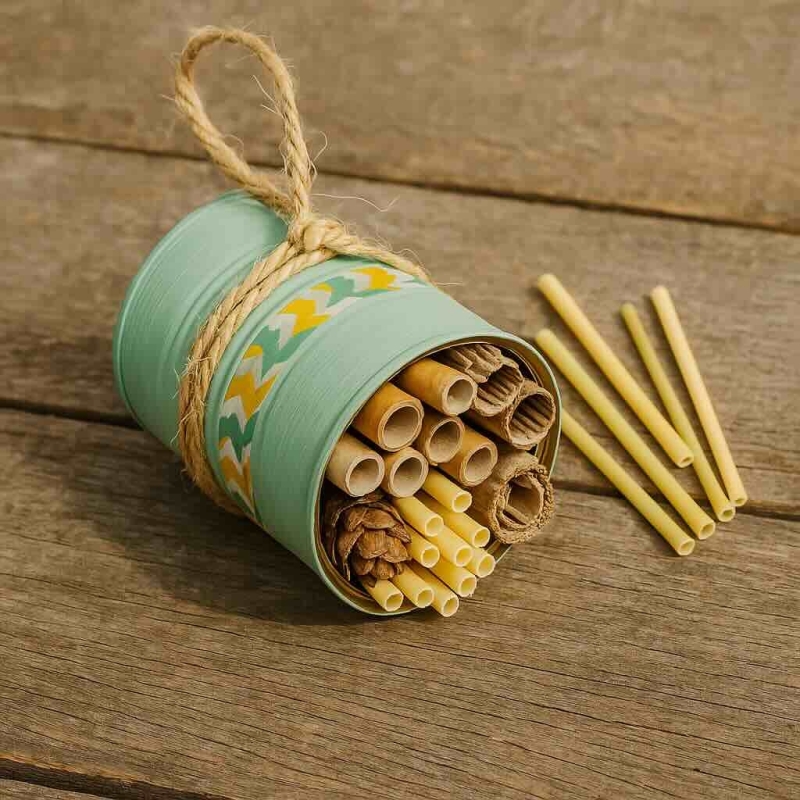 Buiten knutselen idee tuinproject Insectenhotel van een blikje