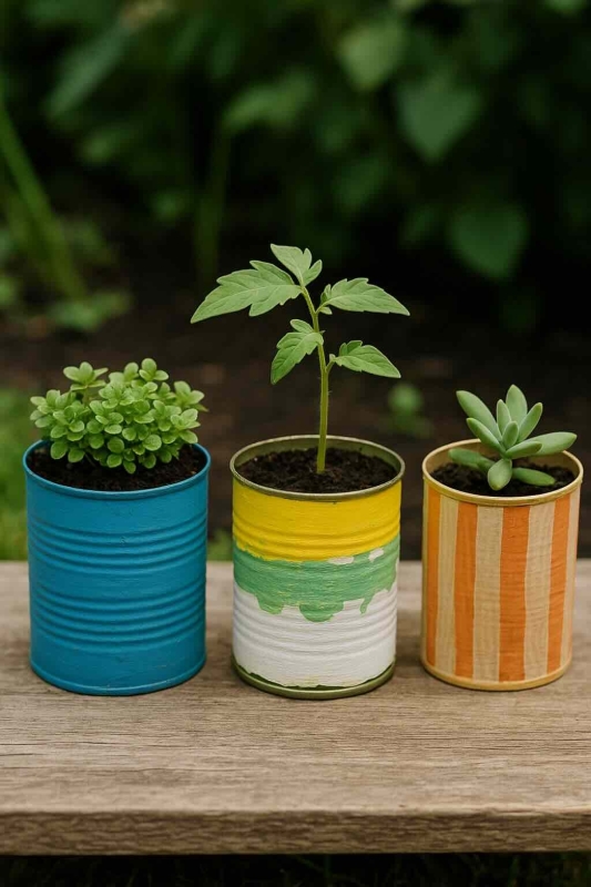 Buiten knutselen idee tuinproject Plantenpotjes van blik of karton