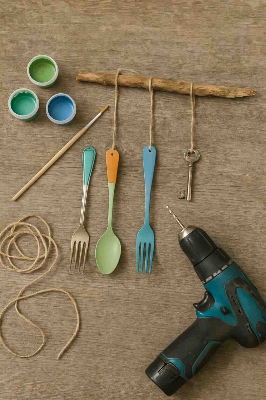 Buiten knutselen idee tuinproject Windgong van bestek of sleutels