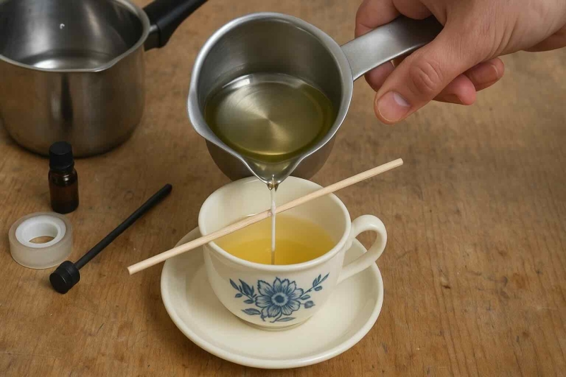 Kaarsen maken in een oud antiek kopje