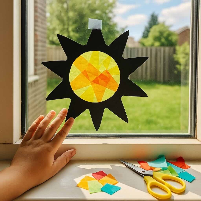 Raamdecoratie met vloeipapier maken zomervakantie knutselidee