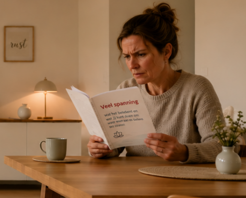 Vrouw leest thuis gespannen een folder over veel spanning van Zorgvraagloket Nederland na een uitslag die wijst op veel spanning