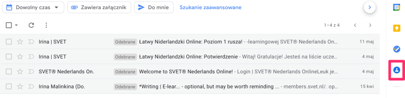 Obrazek pokazuje przycisk w skrzynce mailowej gmail, który pozwala na dodanie nowego kontaktu.