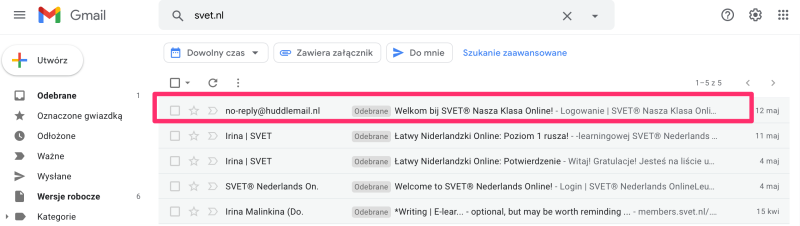 Różowy prostokąt wyznacza mail powitalny od szkoły SVET z instrukcjami logowania na platformie Nasza Klasa.