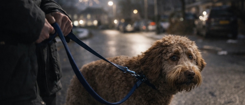 Labradoodle bang van vuurwerk op straat