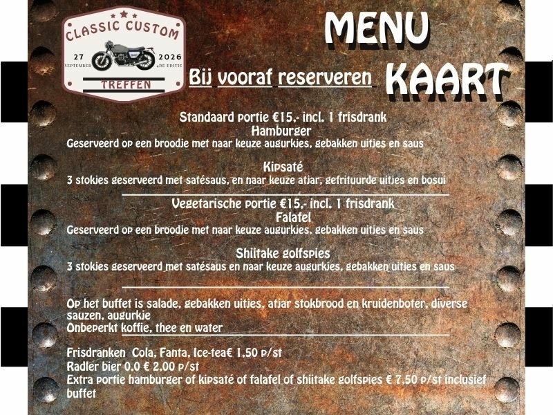 Menukaart Classic Custom Treffen 2026  bij reserveren 15 euro
