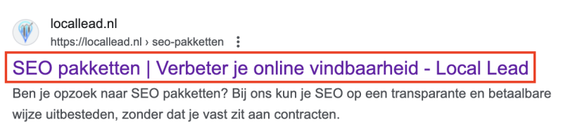 Hier vind je de title tag weer terug in Google