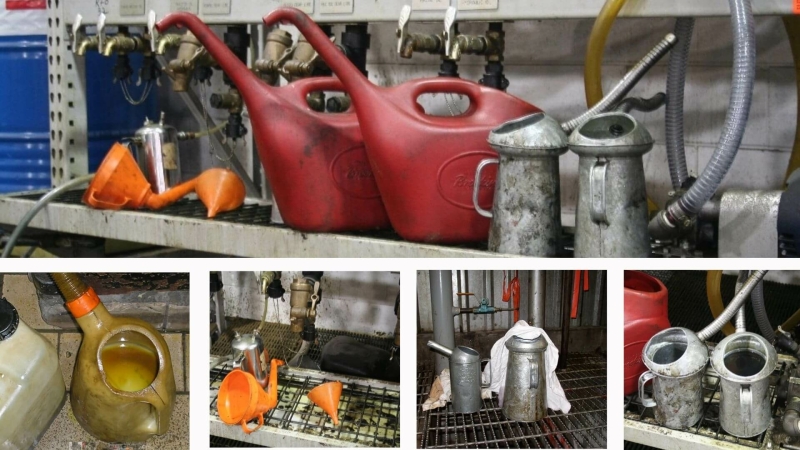 Galvanised and plastic funnels and cans