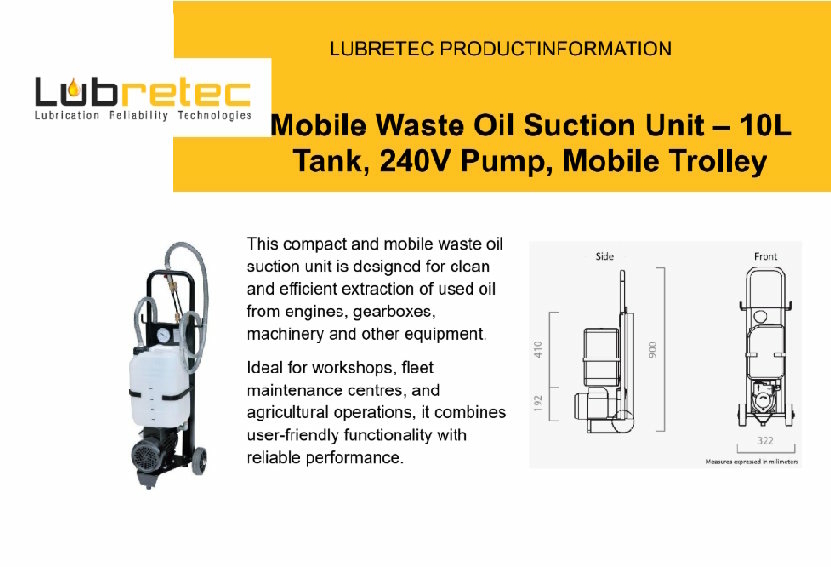 Mobile waste oil suction unit is designed for clean and efficient extraction of used oil from engines, gearboxes, machinery and other equipment.