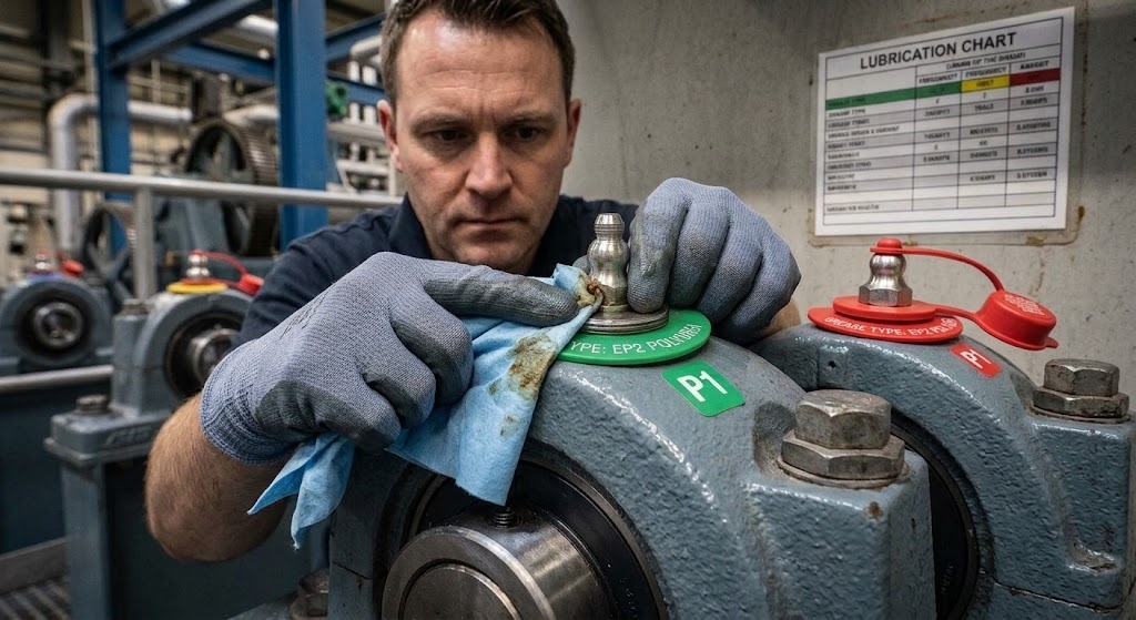 Technician cleaning grease nipple Technician cleaning grease nipple