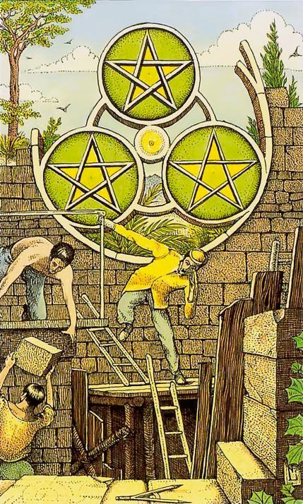 Drie van Pentakels Rider Waite tarot steenhouwer werkt aan kathedraal monnik architect