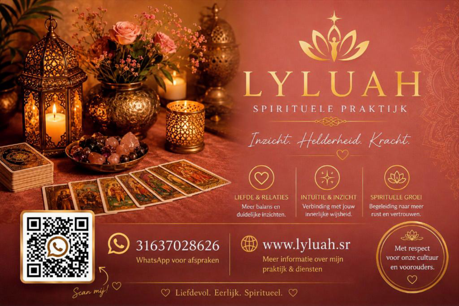 Lyluah contactflyer met QR-code voor snel contact met Rachida Kacimi