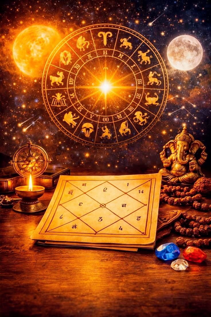 Astrologisch geboorteschema met planeten en sterrenbeelden, basis voor persoonlijke duiding