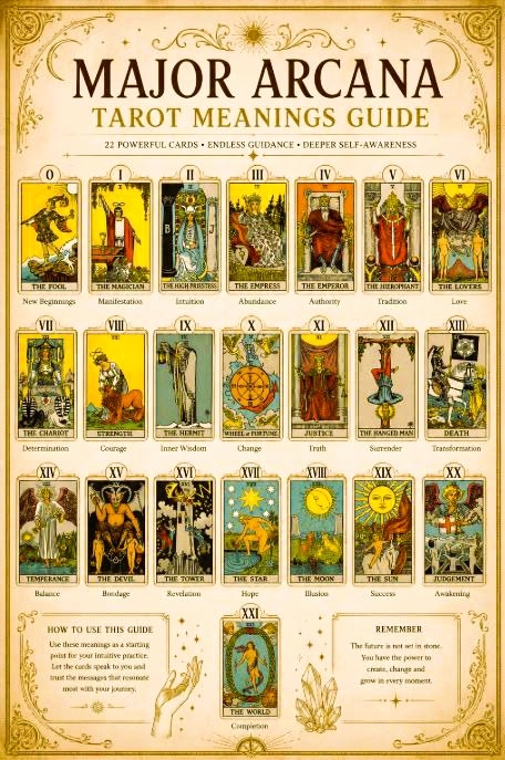 De 22 kaarten van de Grote Arcana in de tarot van de Dwaas tot de Wereldkaart