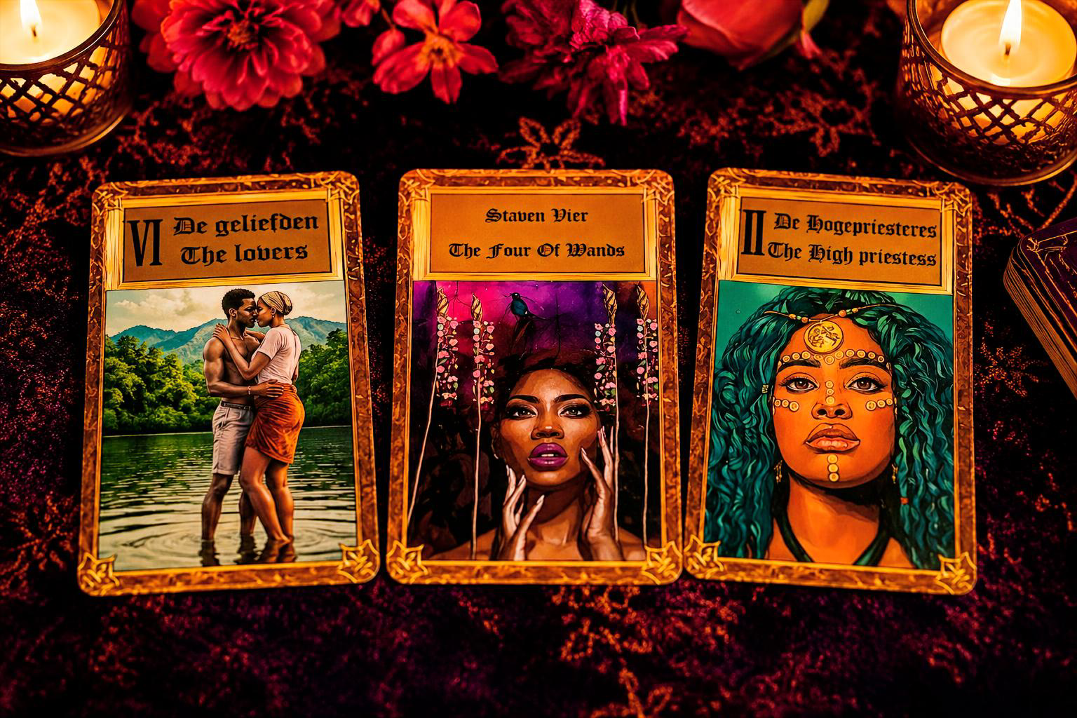 Legging met drie Sranang Tarot kaarten inclusief De Geliefden - kaartcombinatie bij samen beslissen