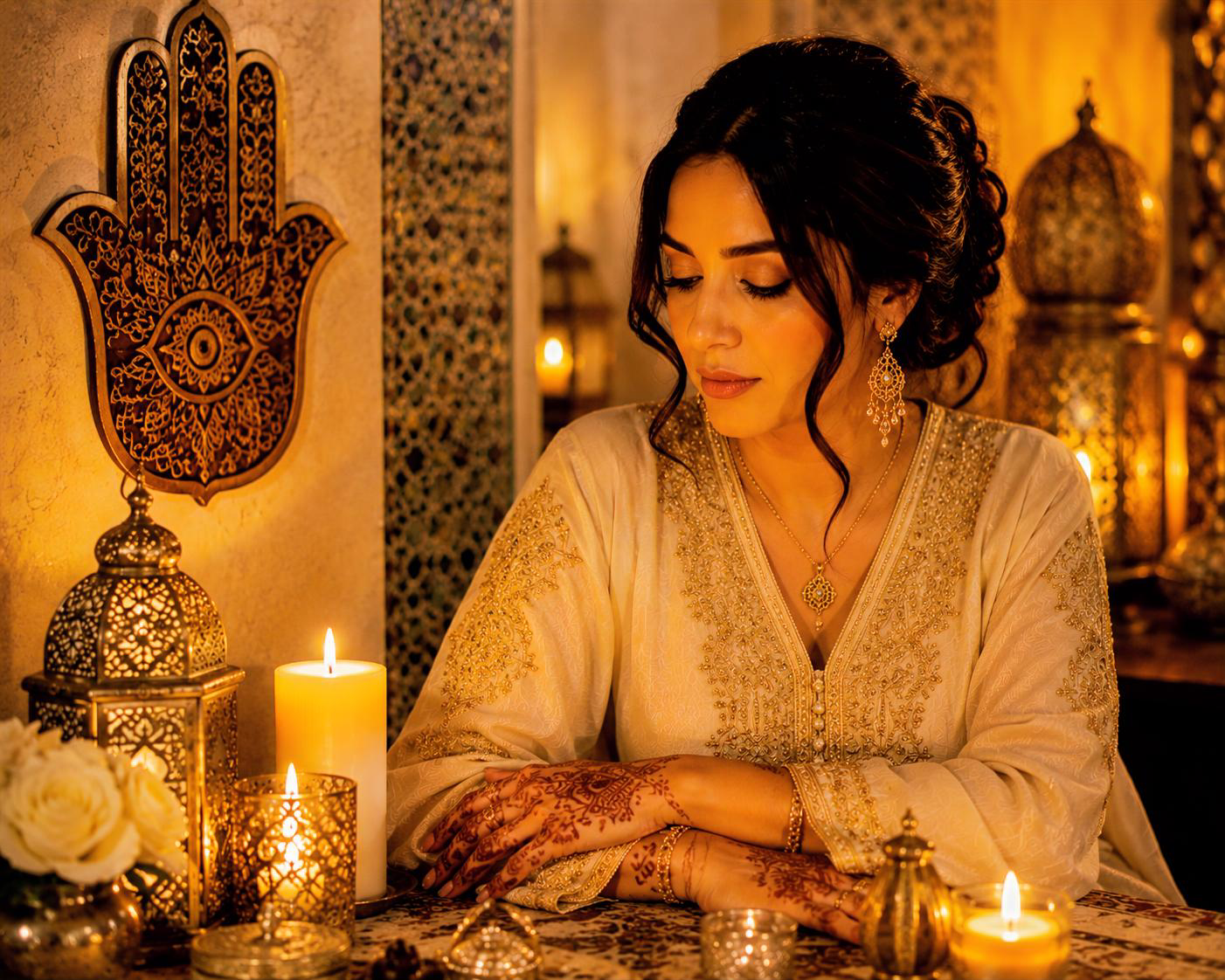 Marokkaanse vrouw met Hand van Fatima (Hamsa) - traditioneel symbool van spirituele bescherming tegen het boze oog