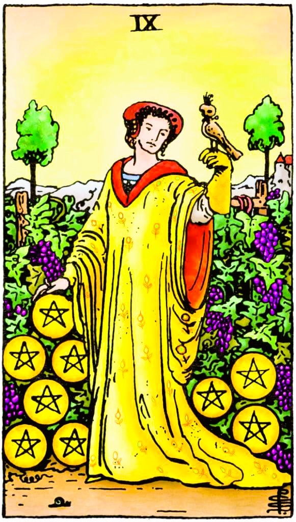 Negen van Pentakels Rider Waite tarot vrouw alleen in weelderige tuin met valk op hand