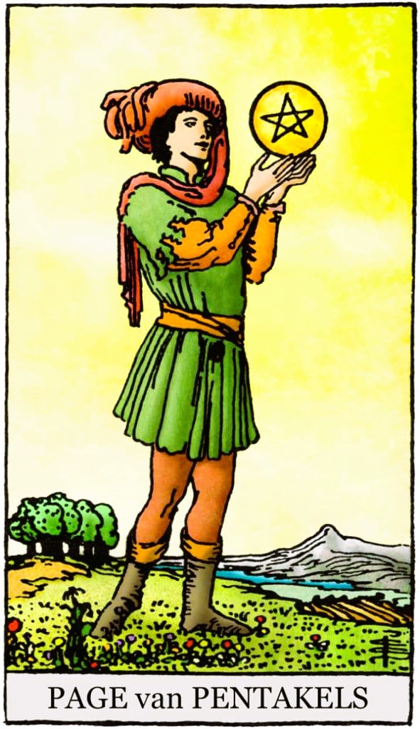Page van Pentakels Rider Waite tarot jonge figuur bewondert gouden schijf pentagram