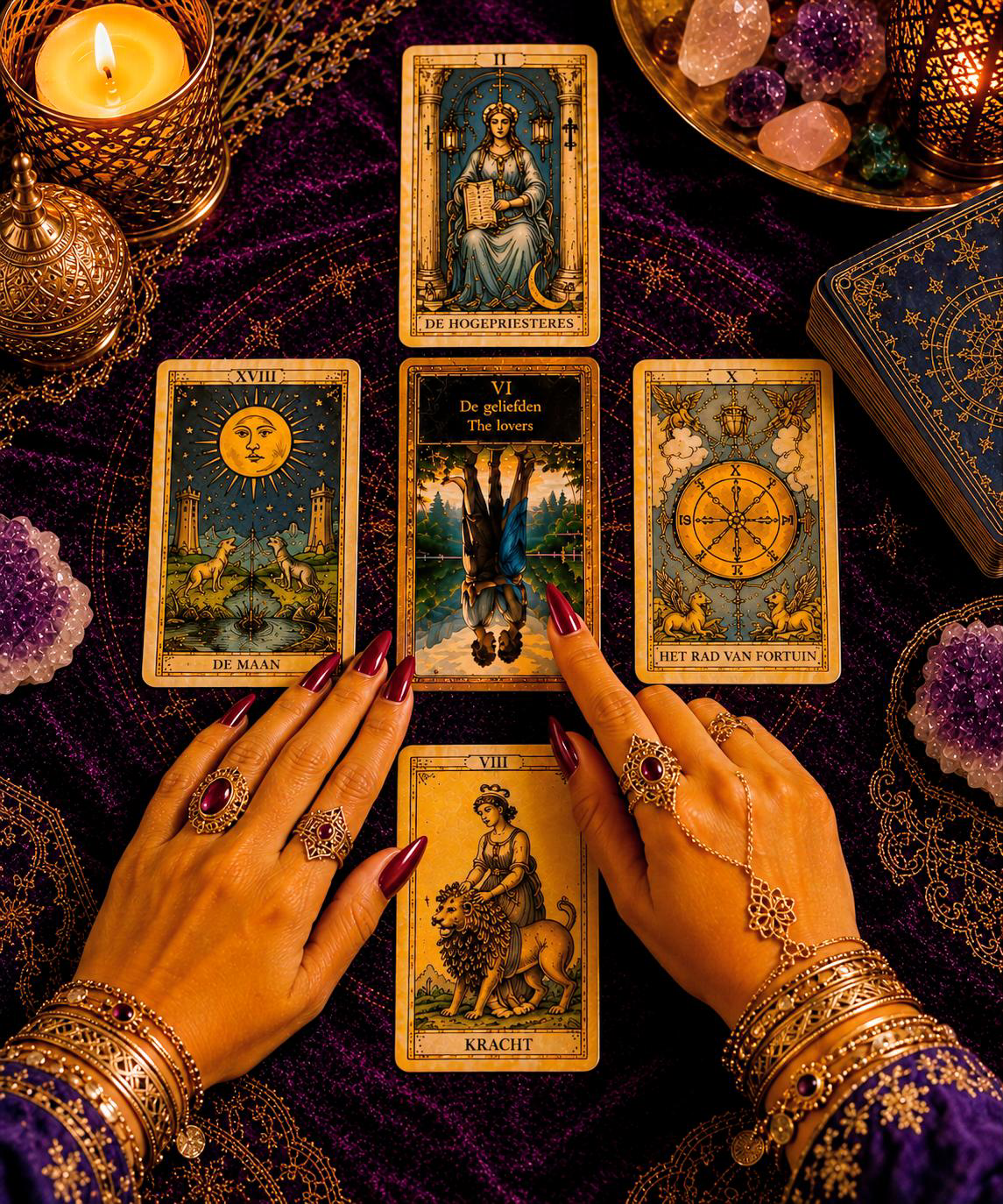 Rachida Kacimi legt de kaart van liefde in een Sranang Tarot legging